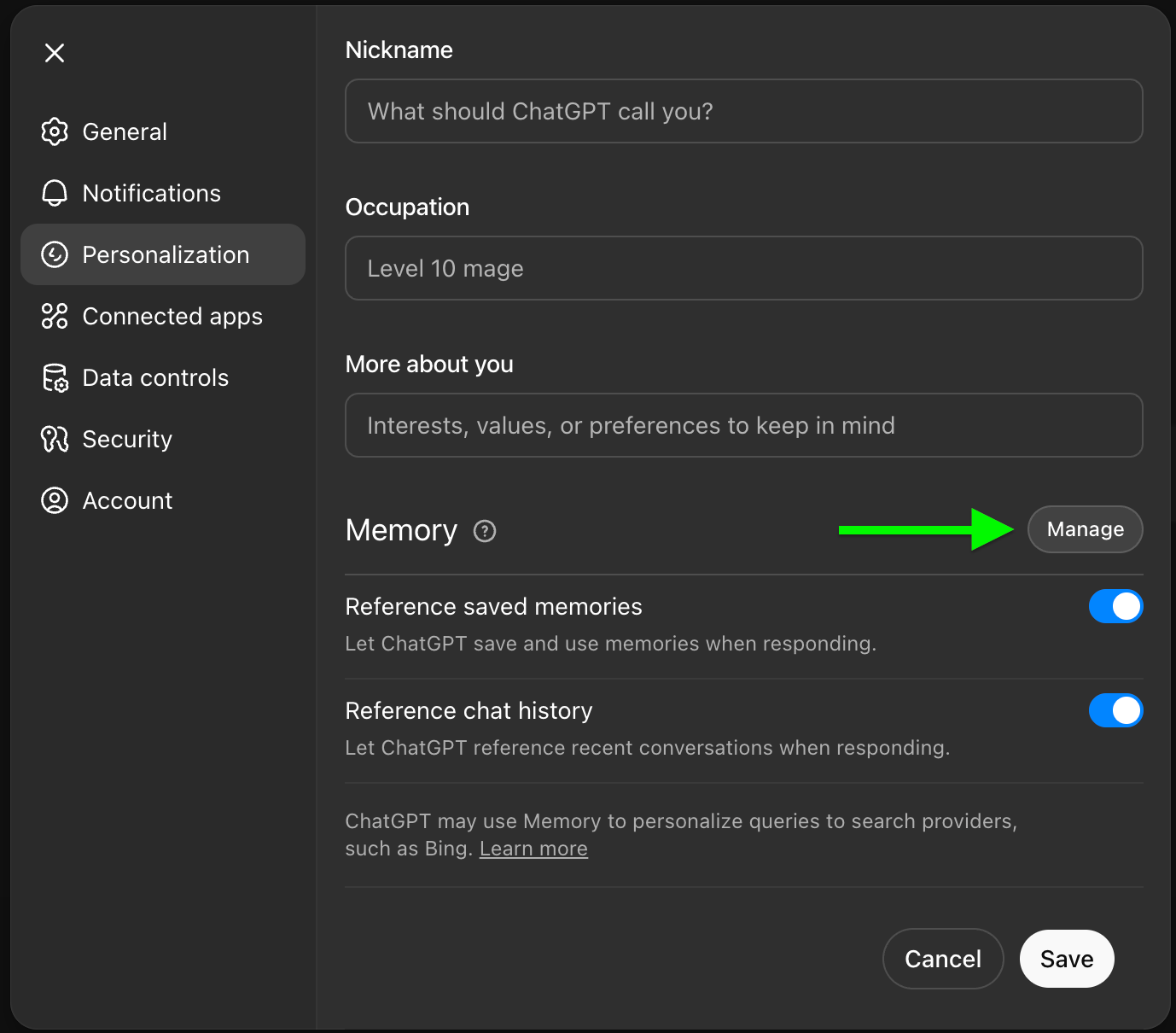 ChatGPT Basics Peronalization memory manage